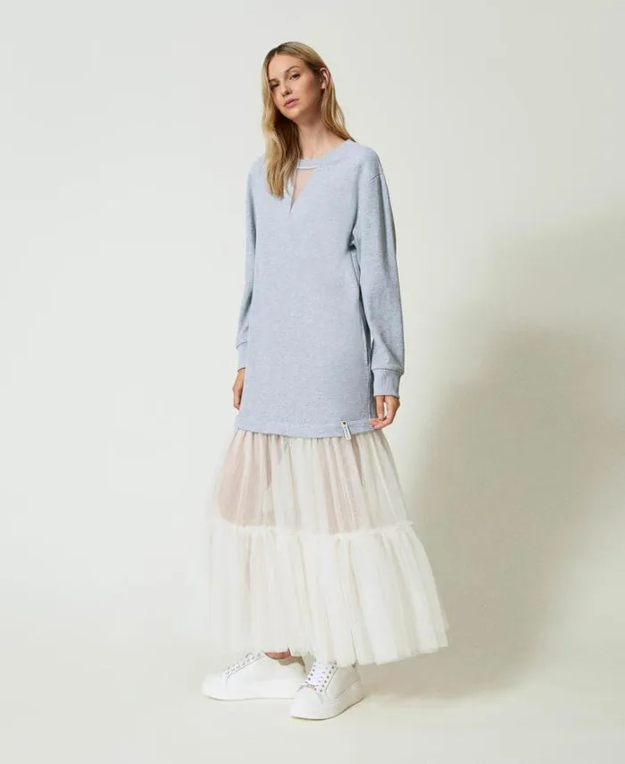 Twinset Long Dresses Plush Fabric And Tulle Long Dress Twotone Mid Melange Grey Motherofpearl 8211 Clothing