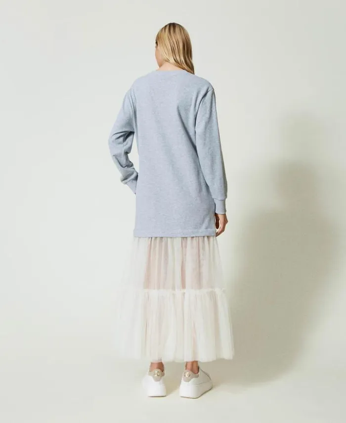 Twinset Long Dresses Plush Fabric And Tulle Long Dress Twotone Mid Melange Grey Motherofpearl 8211 Clothing