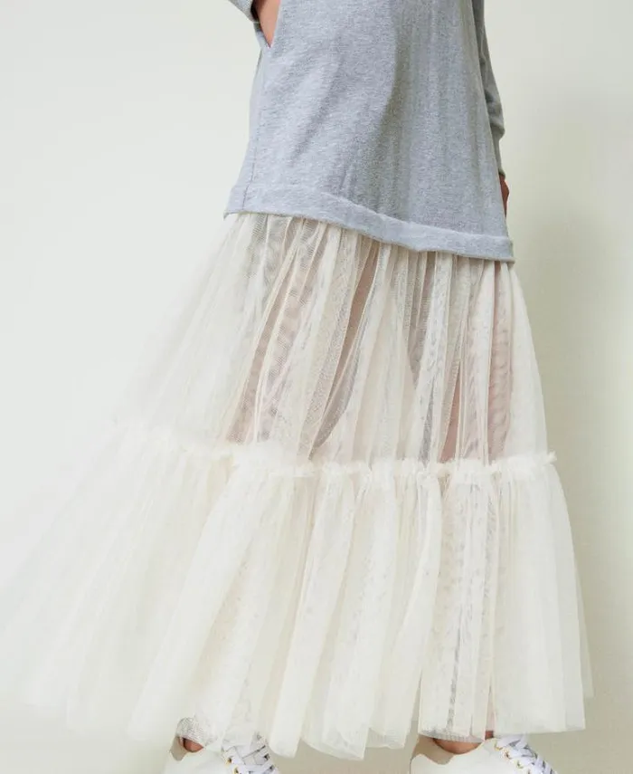 Twinset Long Dresses Plush Fabric And Tulle Long Dress Twotone Mid Melange Grey Motherofpearl 8211 Clothing
