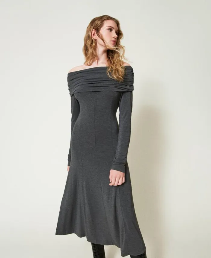Twinset Midi Dresses Midi Jersey Dress With Embroidered Logo Melange Charcoal 8211 Clothing