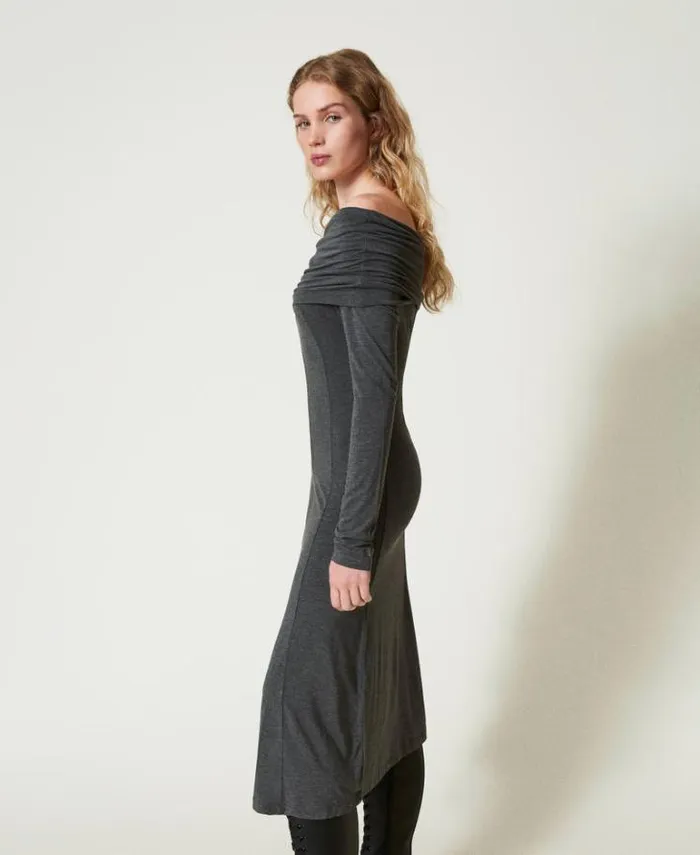 Twinset Midi Dresses Midi Jersey Dress With Embroidered Logo Melange Charcoal 8211 Clothing