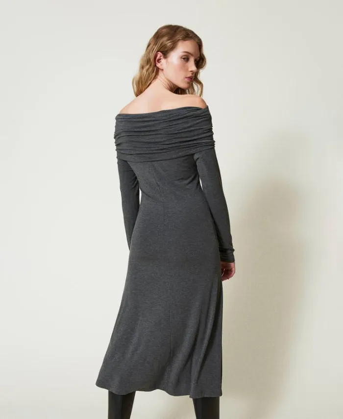 Twinset Midi Dresses Midi Jersey Dress With Embroidered Logo Melange Charcoal 8211 Clothing