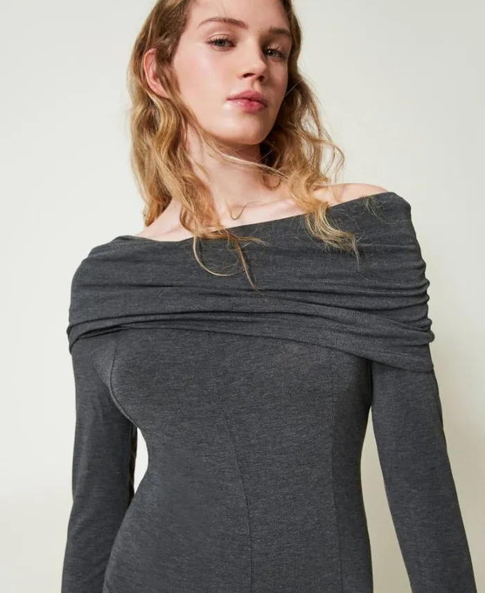 Twinset Midi Dresses Midi Jersey Dress With Embroidered Logo Melange Charcoal 8211 Clothing