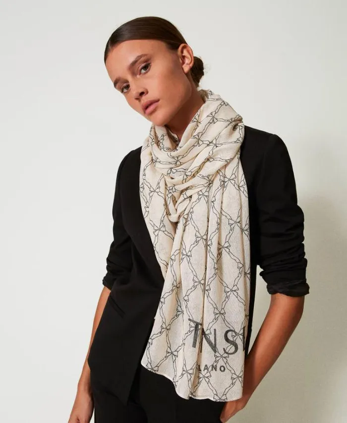 Twinset Scarves Stole With Bow And Logo Print White Cream Black Bow Print 8211 Accessories