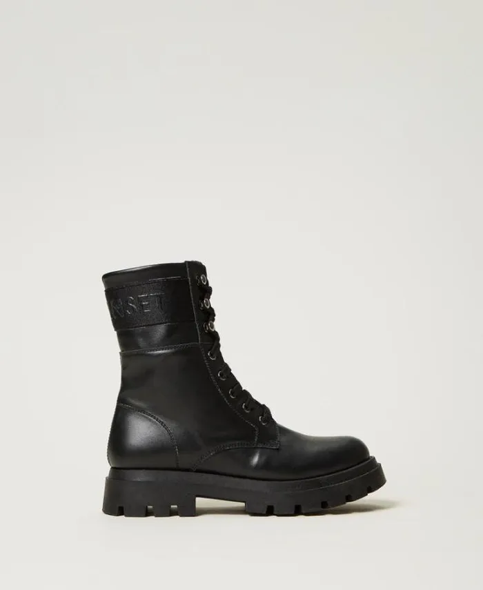 Twinset Shoes Leather Combat Boots With Logo Black 8211 Girl