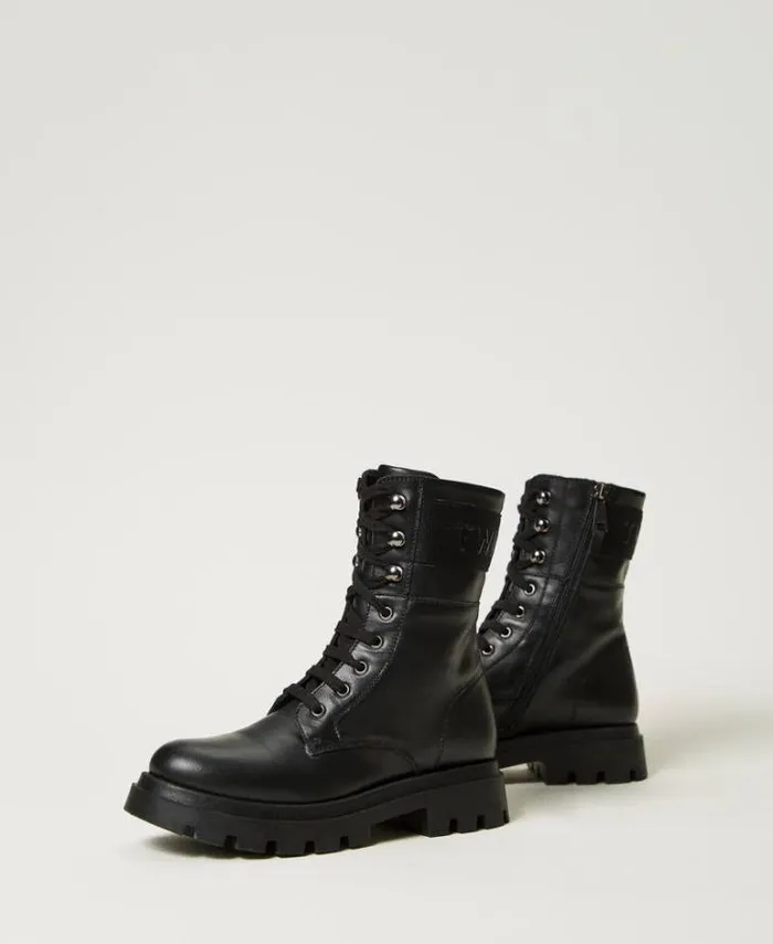 Twinset Shoes Leather Combat Boots With Logo Black 8211 Girl