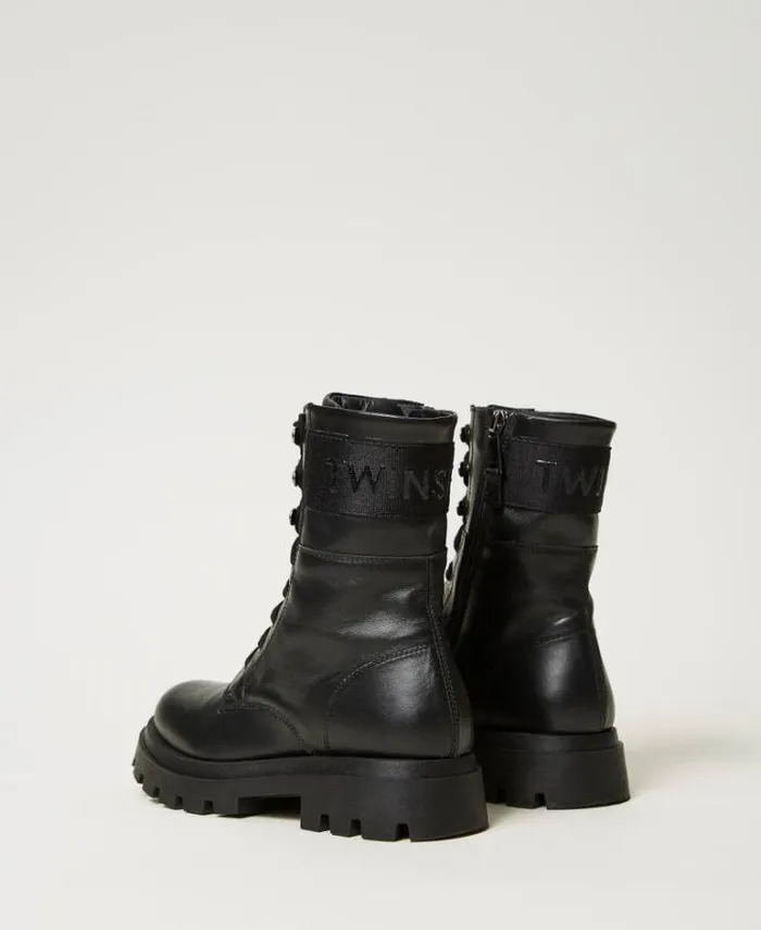 Twinset Shoes Leather Combat Boots With Logo Black 8211 Girl