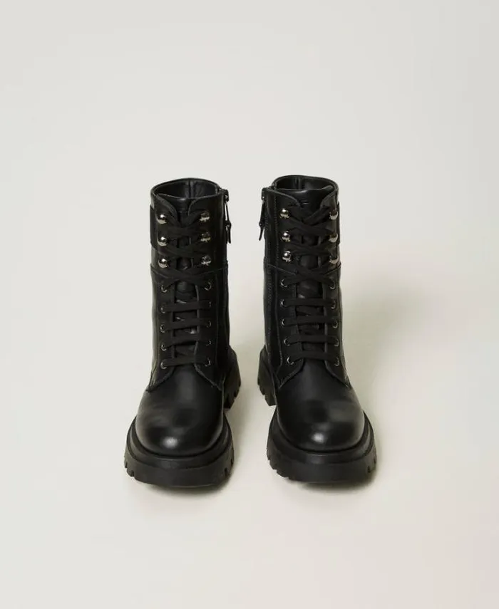 Twinset Shoes Leather Combat Boots With Logo Black 8211 Girl