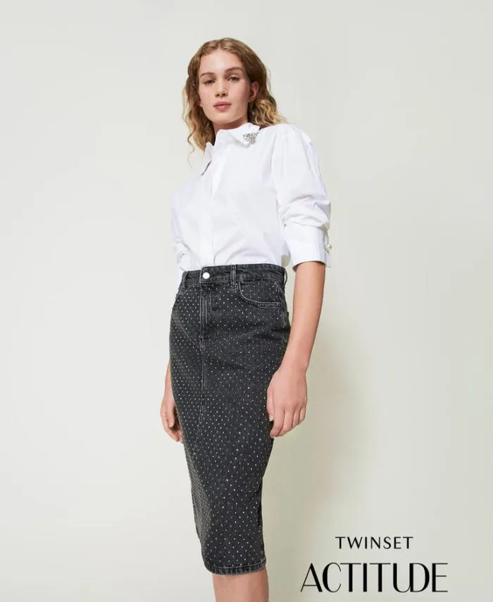 Twinset Skirts Denim Midi Skirt With Rhinestones Black Denim 8211 Clothing
