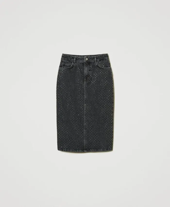 Twinset Skirts Denim Midi Skirt With Rhinestones Black Denim 8211 Clothing