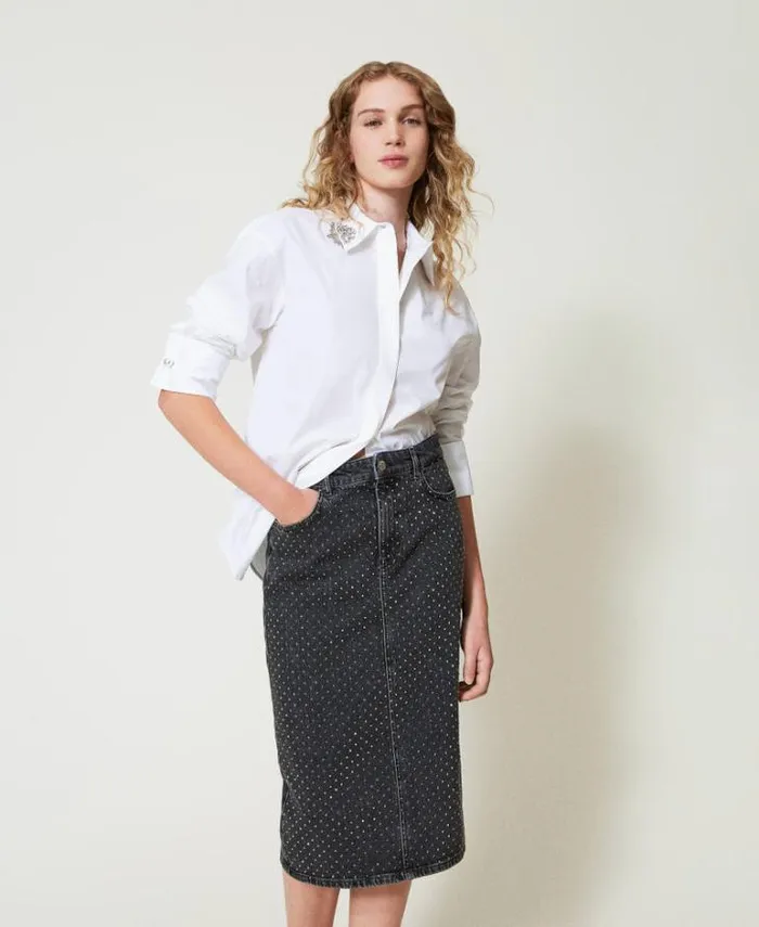 Twinset Skirts Denim Midi Skirt With Rhinestones Black Denim 8211 Clothing