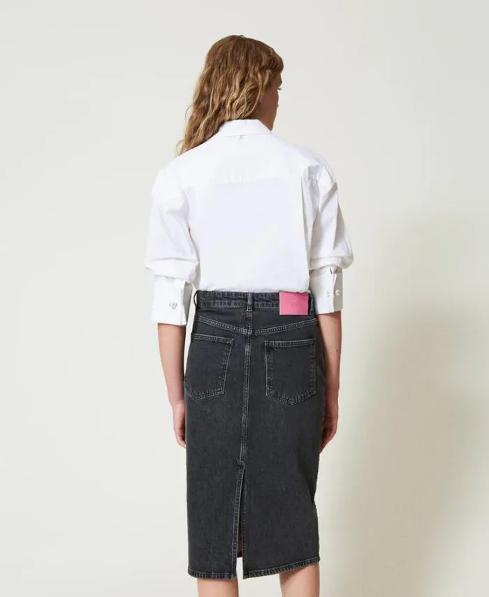 Twinset Skirts Denim Midi Skirt With Rhinestones Black Denim 8211 Clothing
