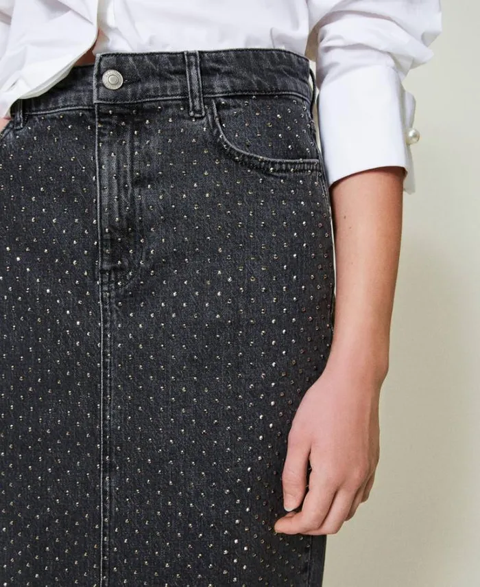 Twinset Skirts Denim Midi Skirt With Rhinestones Black Denim 8211 Clothing