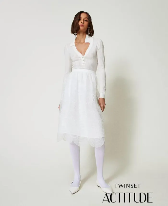 Twinset Skirts Midi Organza Skirt With Embroidery White Cream 8211 Clothing