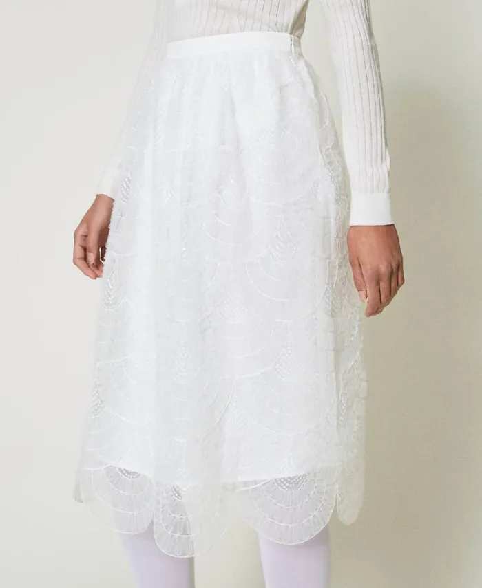 Twinset Skirts Midi Organza Skirt With Embroidery White Cream 8211 Clothing