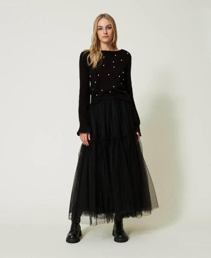 Twinset Skirts Plumetis Tulle Long Skirt Black 8211 Clothing