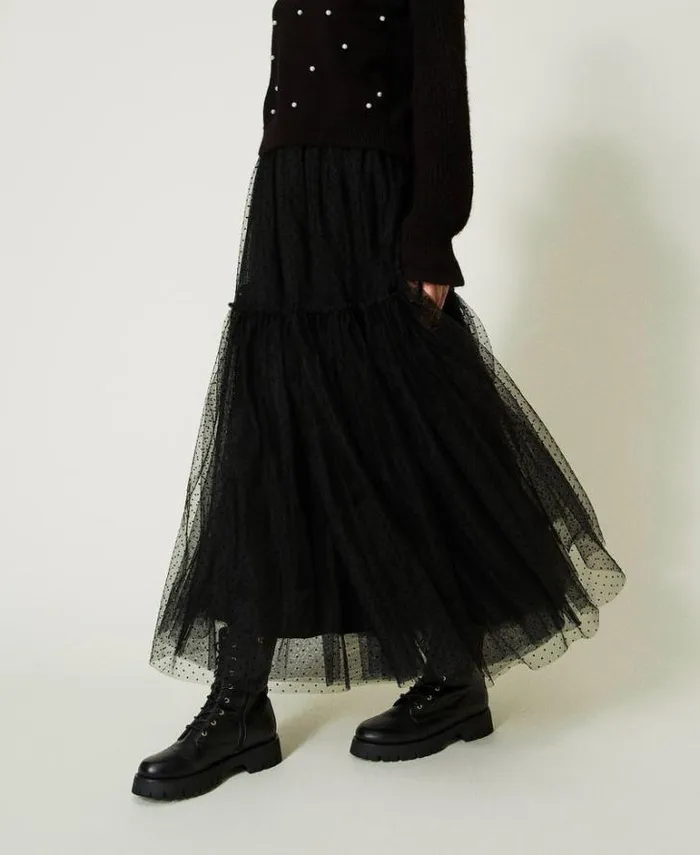 Twinset Skirts Plumetis Tulle Long Skirt Black 8211 Clothing