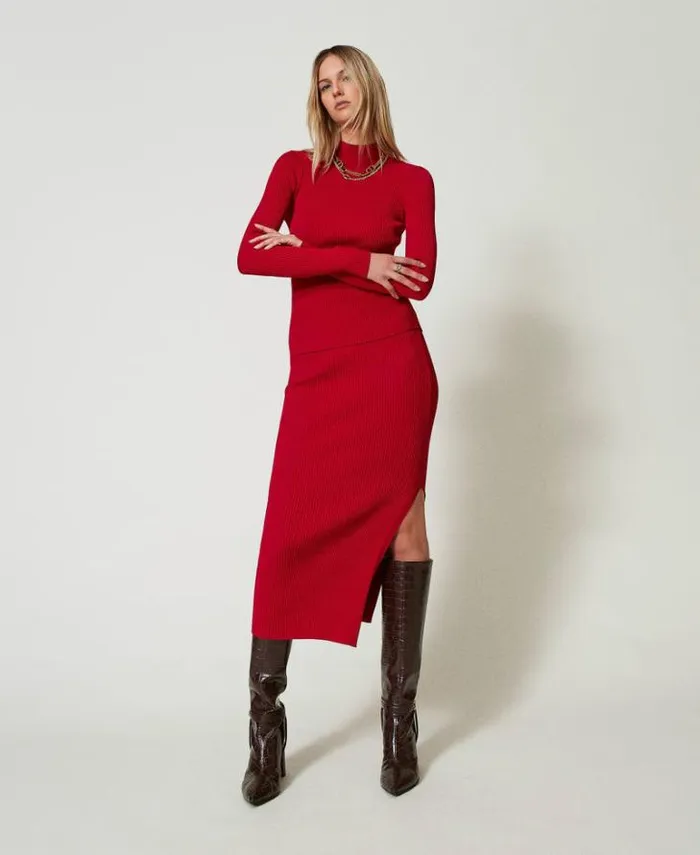 Twinset Skirts Ribbed Knit Midi Skirt Venetian Red 8211 Clothing