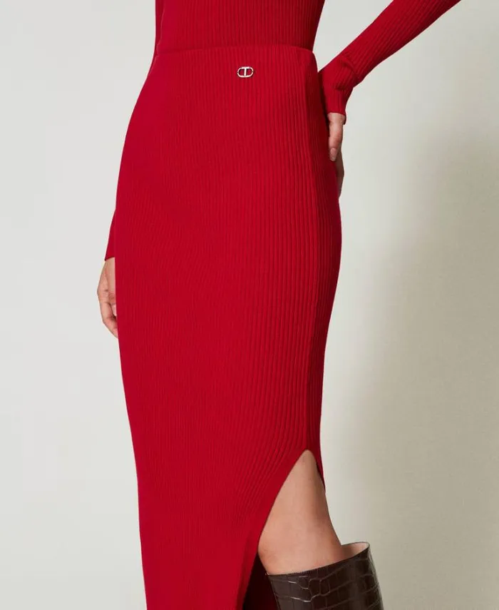 Twinset Skirts Ribbed Knit Midi Skirt Venetian Red 8211 Clothing