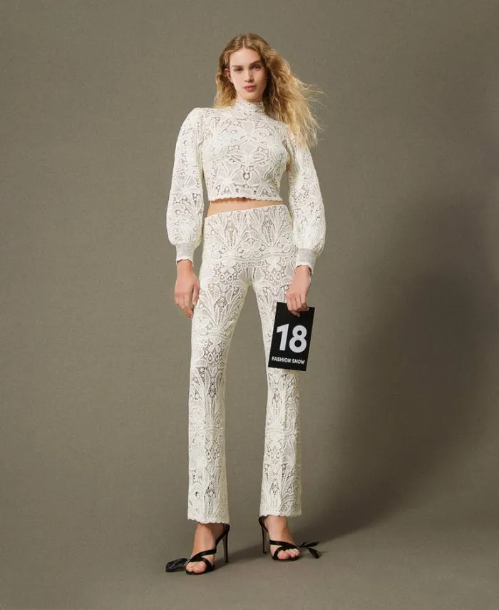 Twinset Straight Leg And Cigarette Trousers Floral Crochet Trousers White Snow 8211 Clothing