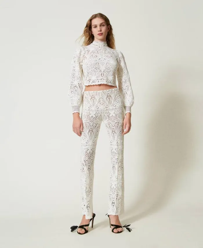 Twinset Straight Leg And Cigarette Trousers Floral Crochet Trousers White Snow 8211 Clothing