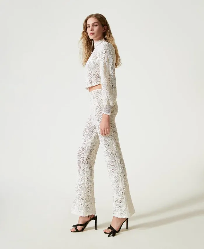 Twinset Straight Leg And Cigarette Trousers Floral Crochet Trousers White Snow 8211 Clothing