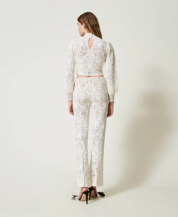 Twinset Straight Leg And Cigarette Trousers Floral Crochet Trousers White Snow 8211 Clothing