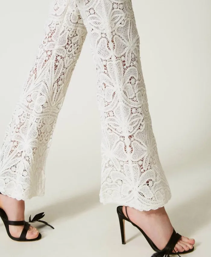 Twinset Straight Leg And Cigarette Trousers Floral Crochet Trousers White Snow 8211 Clothing