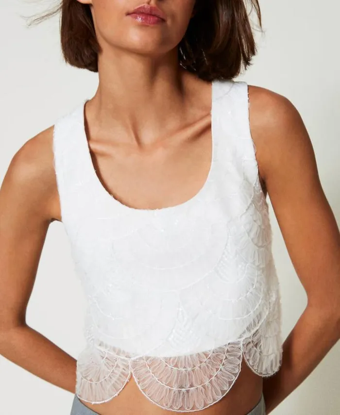 Twinset Suits And Sets Cady Crpe And Embroidered Organza Top White Cream 8211 Clothing