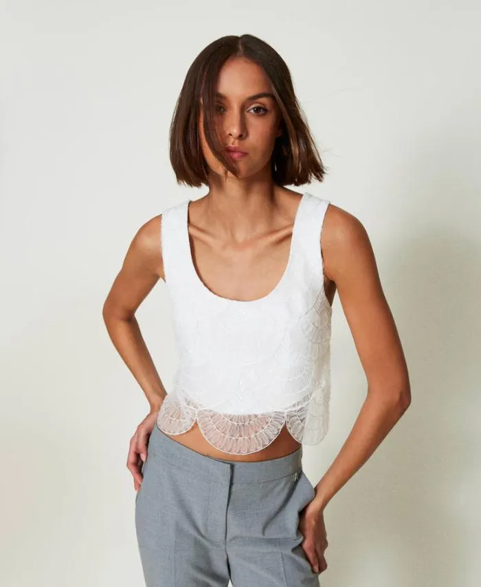 Twinset Suits And Sets Cady Crpe And Embroidered Organza Top White Cream 8211 Clothing