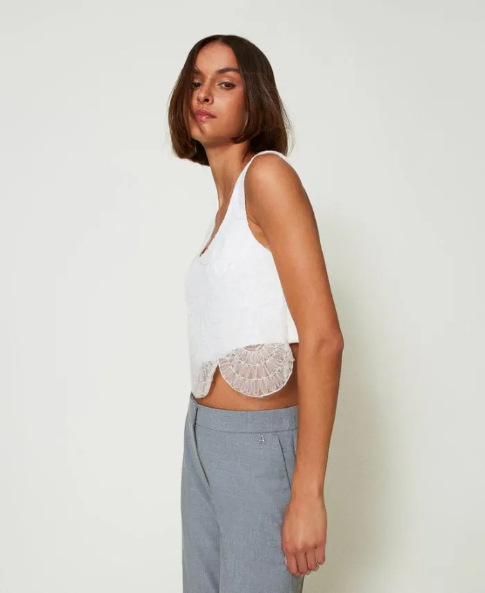 Twinset Suits And Sets Cady Crpe And Embroidered Organza Top White Cream 8211 Clothing