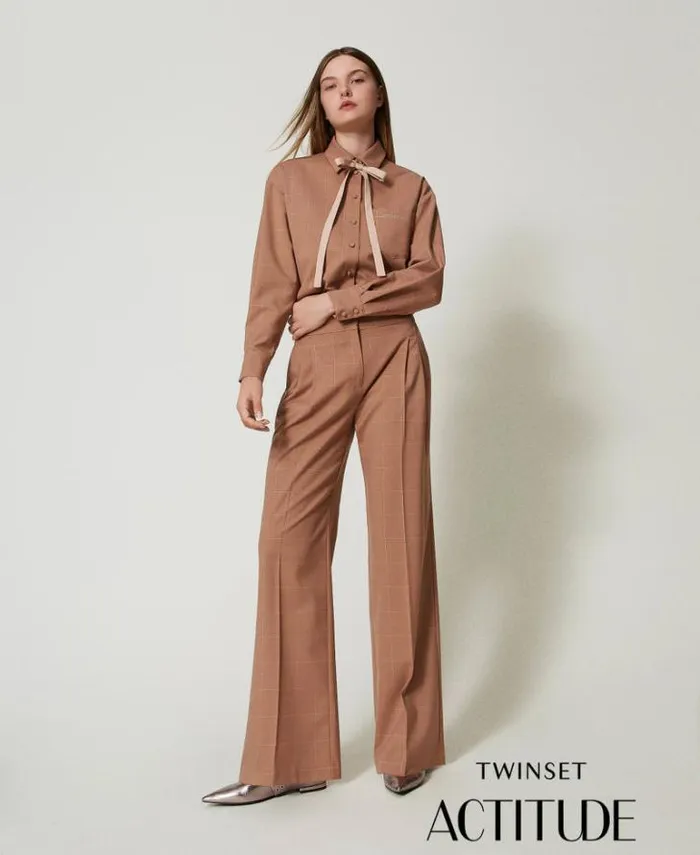 Twinset Suits And Sets Palazzo Trousers With Lurex Check Pattern Beaver Brown 8211 Clothing