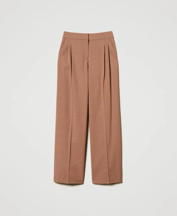 Twinset Suits And Sets Palazzo Trousers With Lurex Check Pattern Beaver Brown 8211 Clothing