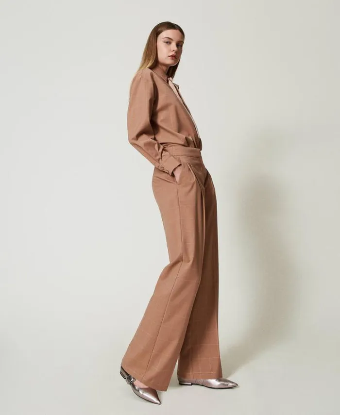 Twinset Suits And Sets Palazzo Trousers With Lurex Check Pattern Beaver Brown 8211 Clothing