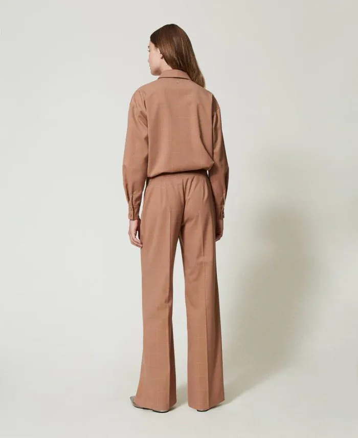 Twinset Suits And Sets Palazzo Trousers With Lurex Check Pattern Beaver Brown 8211 Clothing
