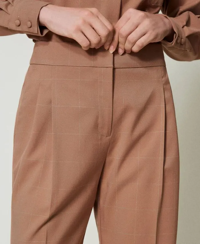 Twinset Suits And Sets Palazzo Trousers With Lurex Check Pattern Beaver Brown 8211 Clothing