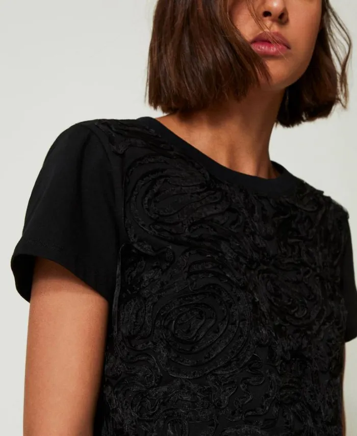 Twinset TShirts And Tops Tshirt With Organza Embroidery Black 8211 Clothing