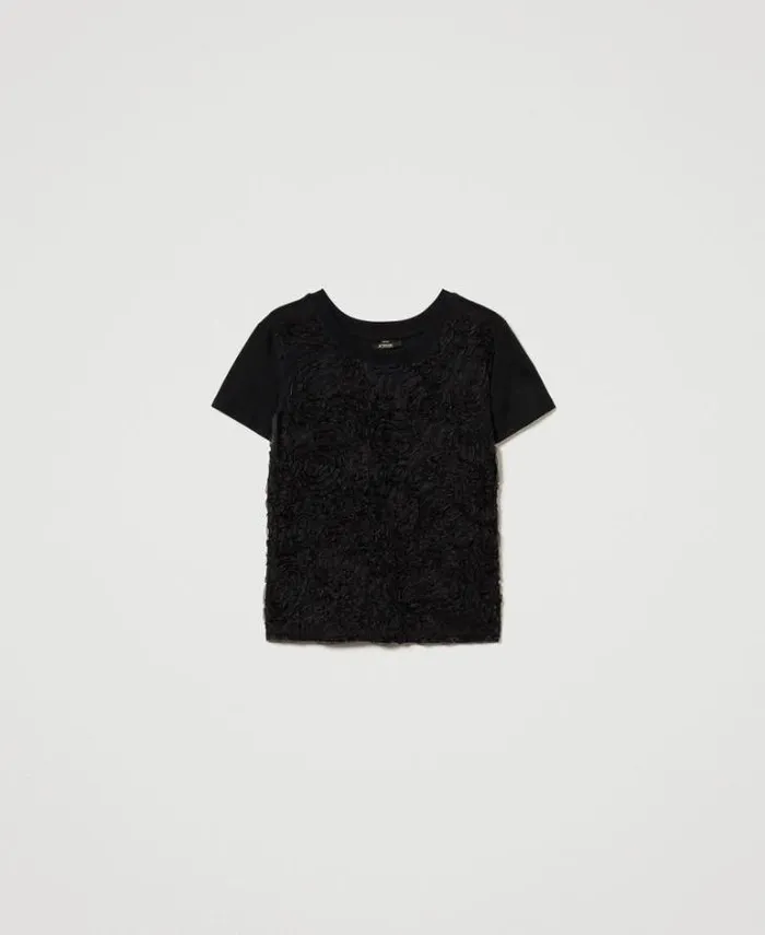 Twinset TShirts And Tops Tshirt With Organza Embroidery Black 8211 Clothing