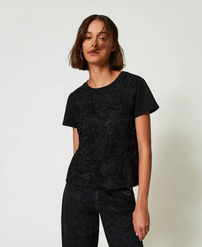 Twinset TShirts And Tops Tshirt With Organza Embroidery Black 8211 Clothing