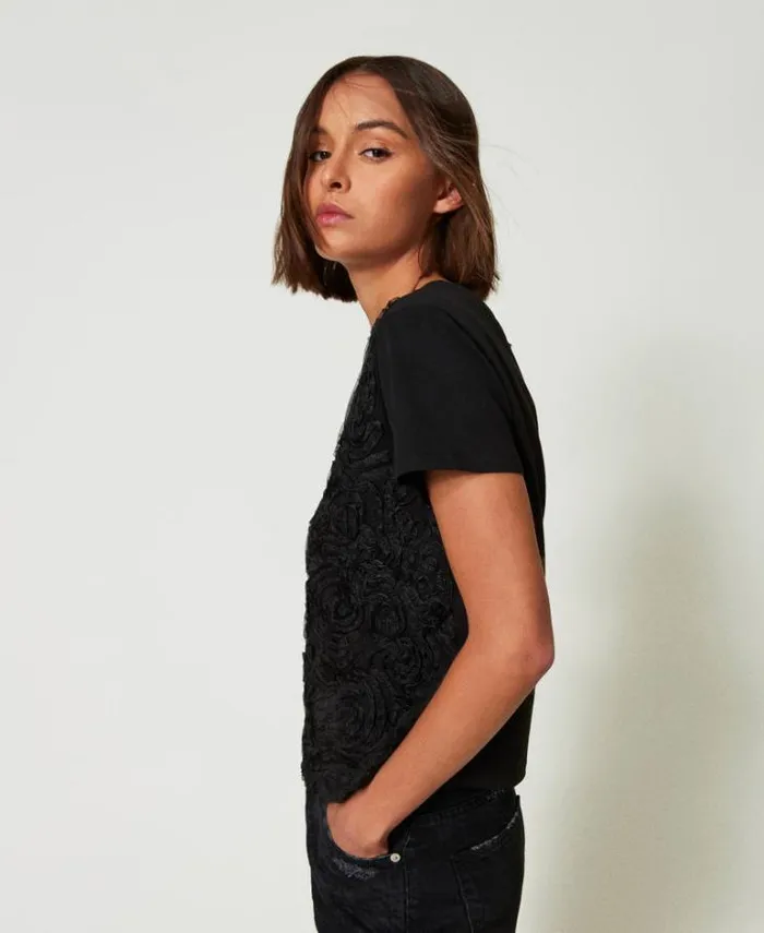 Twinset TShirts And Tops Tshirt With Organza Embroidery Black 8211 Clothing