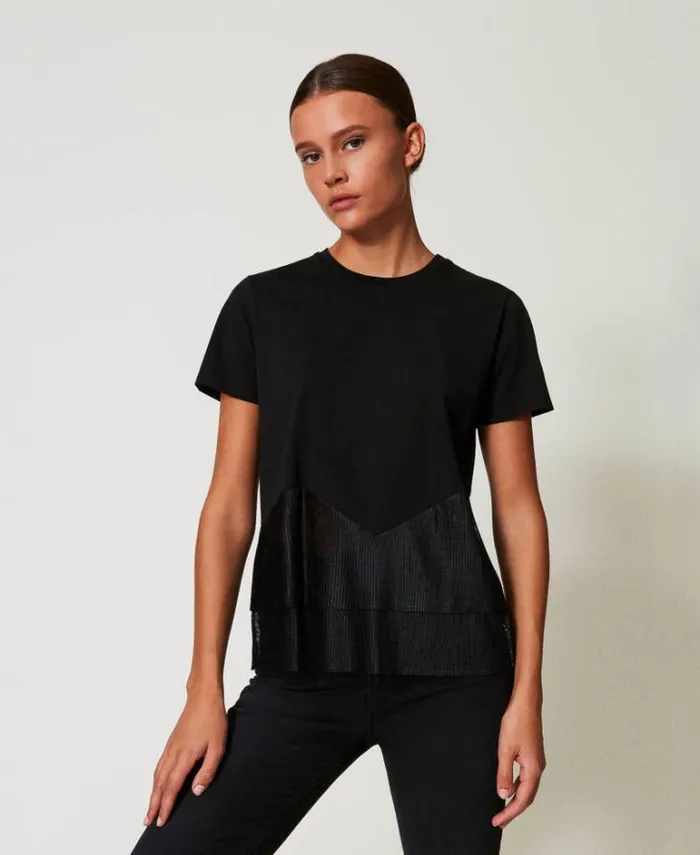 Twinset TShirts And Tops Tshirt With Tulle Flounces Black 8211 Clothing