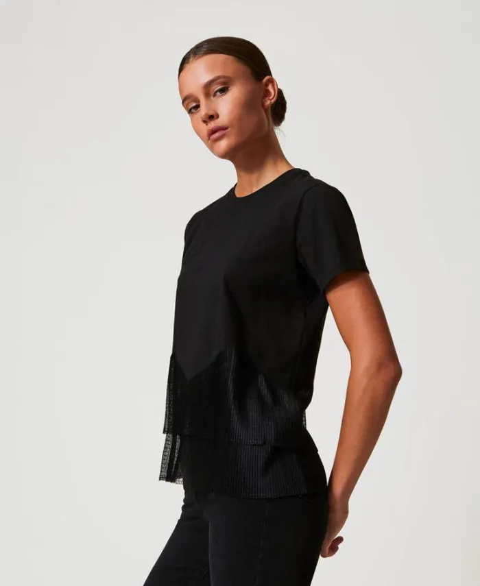 Twinset TShirts And Tops Tshirt With Tulle Flounces Black 8211 Clothing