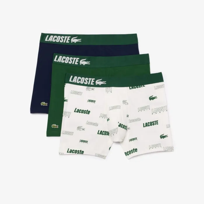 Underwear and Socks Men Lacoste Men039s 3Pack Stretch Cotton Print Boxers White Navy Blue Green Yvc