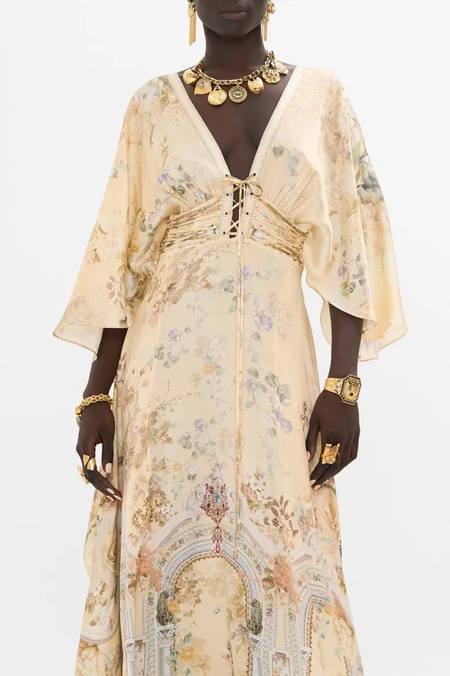 V NECK LACE UP DETAIL LONG DRESS ADORNED IN ANTIQUITY Adorned In Antiquity Womens Camilla Dresses