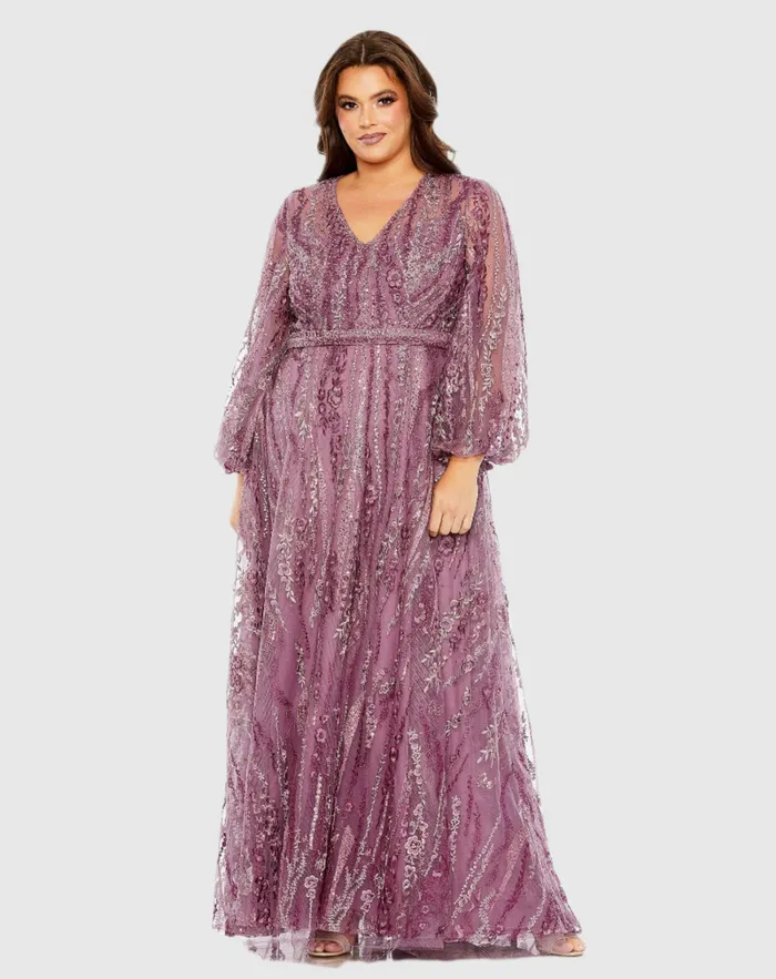 V Neck Puff Sleeve Embroidered A Line Gown Mauve Plus Size Dresses Mac Duggal Women