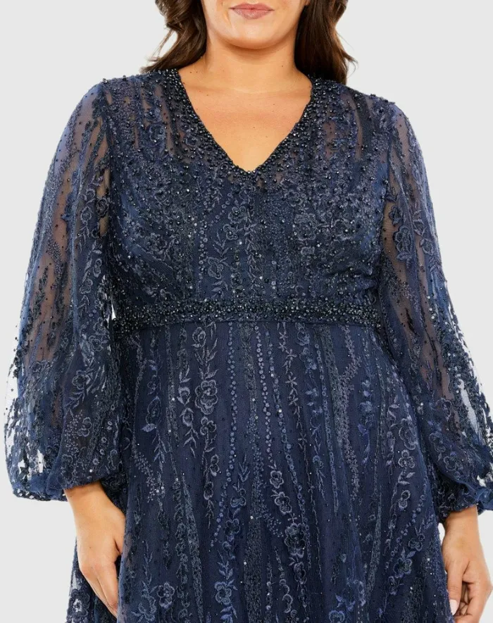 V Neck Puff Sleeve Embroidered A Line Gown Mauve Plus Size Dresses Mac Duggal Women