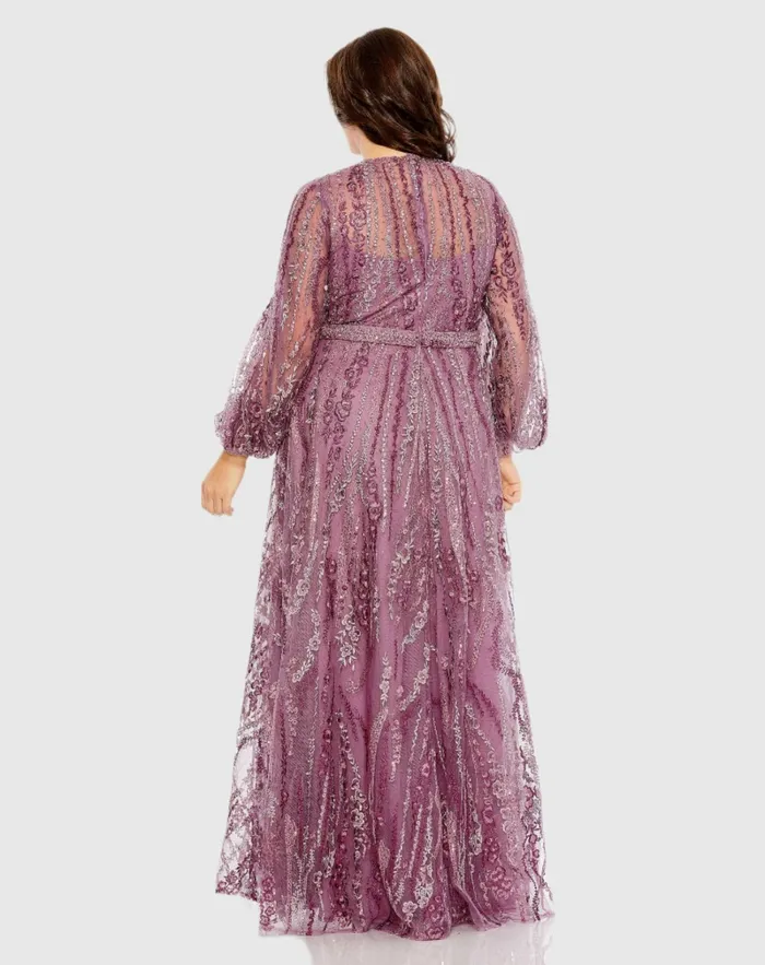 V Neck Puff Sleeve Embroidered A Line Gown Mauve Plus Size Dresses Mac Duggal Women
