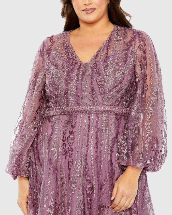 V Neck Puff Sleeve Embroidered A Line Gown Mauve Plus Size Dresses Mac Duggal Women