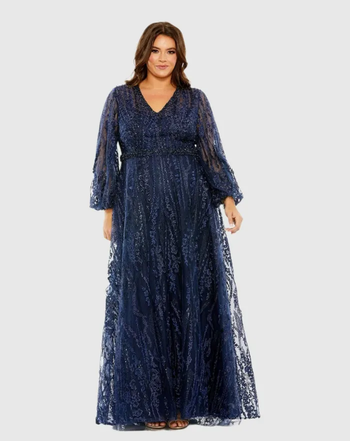 V Neck Puff Sleeve Embroidered A Line Gown Mauve Plus Size Dresses Mac Duggal Women