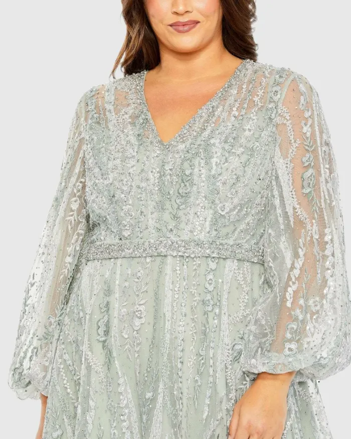 V Neck Puff Sleeve Embroidered A Line Gown Mauve Plus Size Dresses Mac Duggal Women